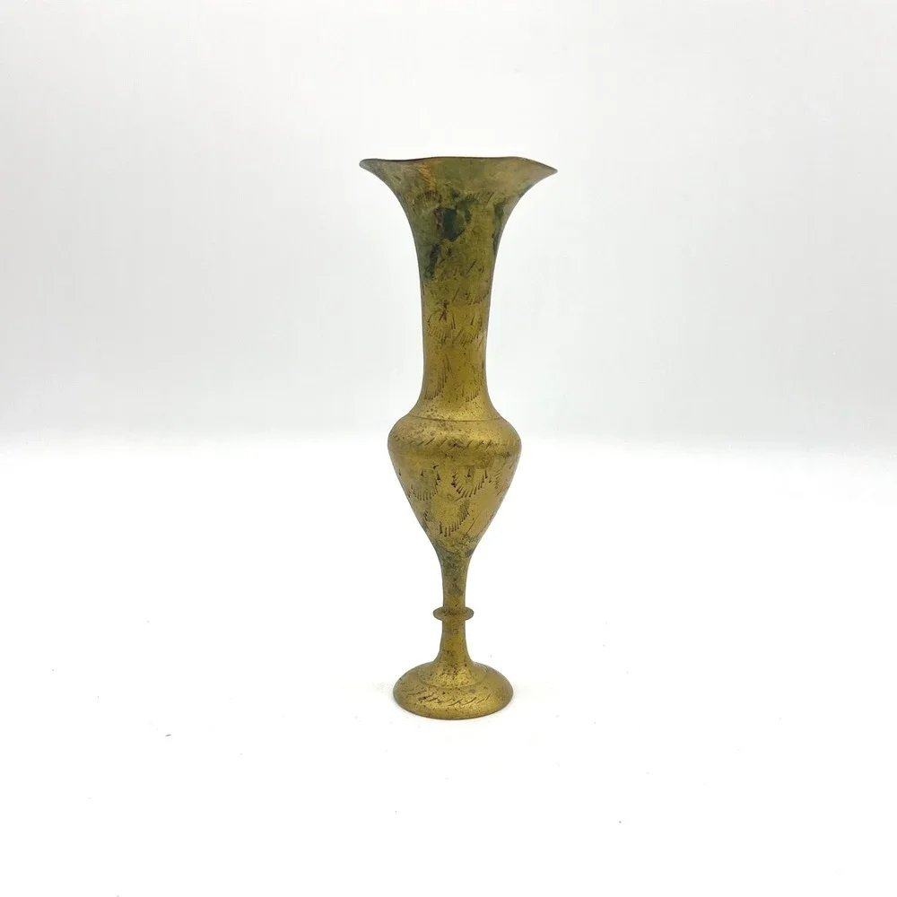 Vintage Brass Etched Bud Vase‎ Elegant Trumpet Neck Pedestal Base